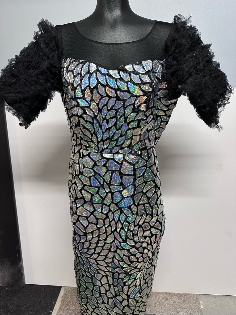Black Holographic Mosaic Midi Dress with Sheer Yoke